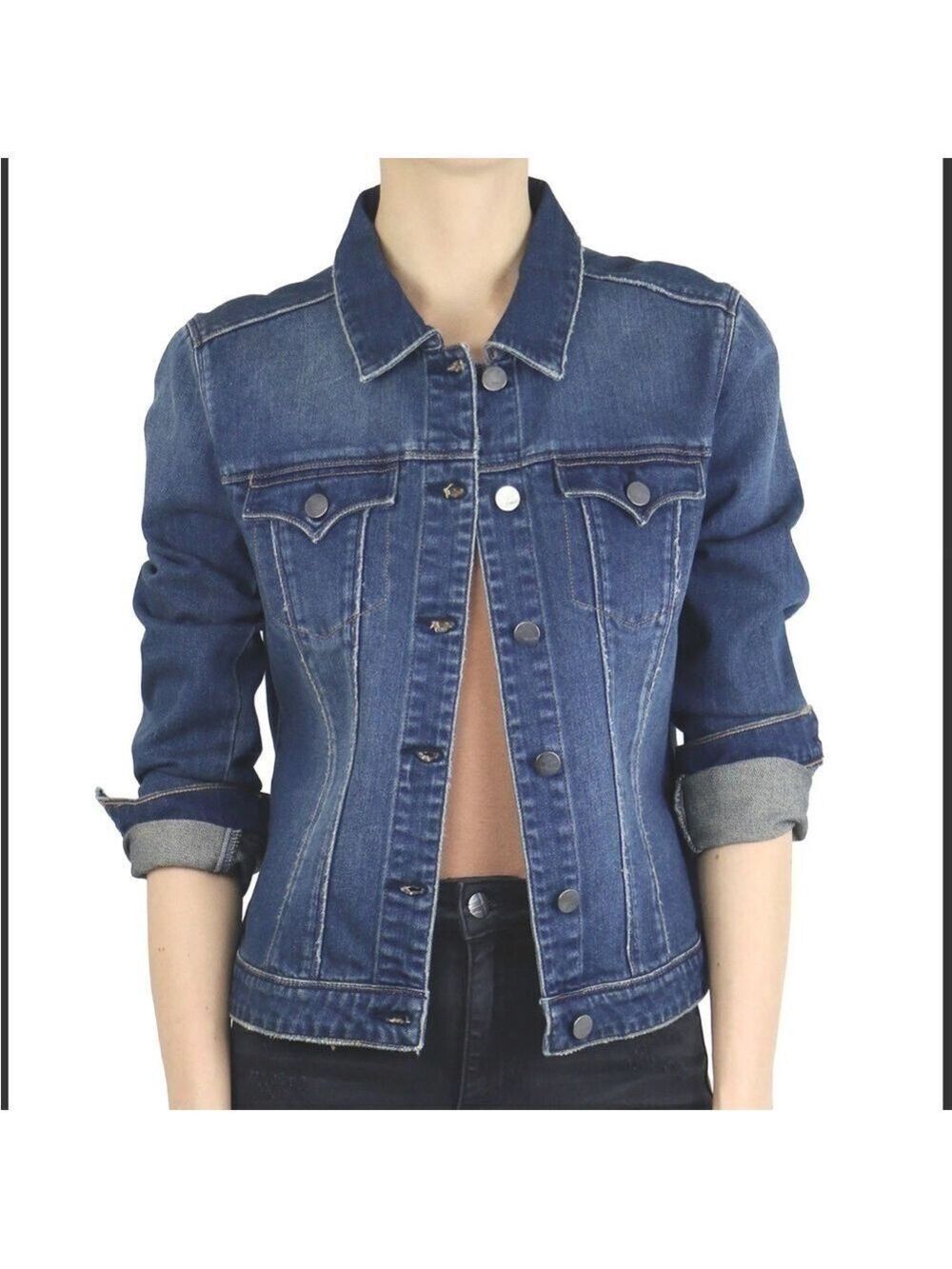 NWT Tractr Women’s Loretta Badic Denim Jean Jacket in Indigo Medium Wash XL